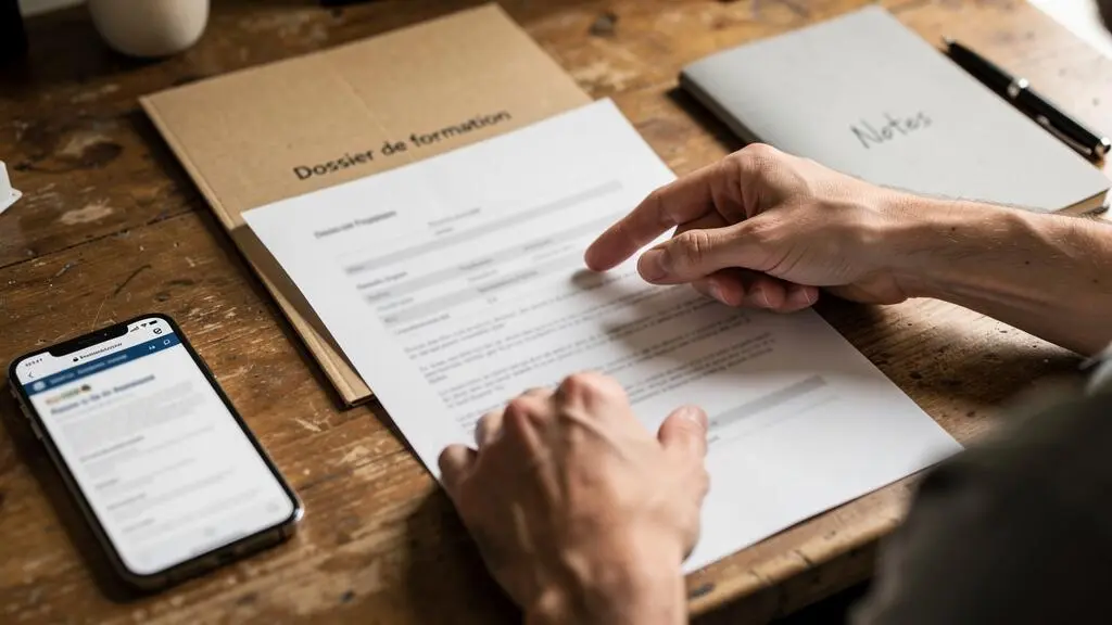 Une candidate vérifie des documents imprimés et son téléphone pour contrôler la reconnaissance officielle d'une formation de danse.