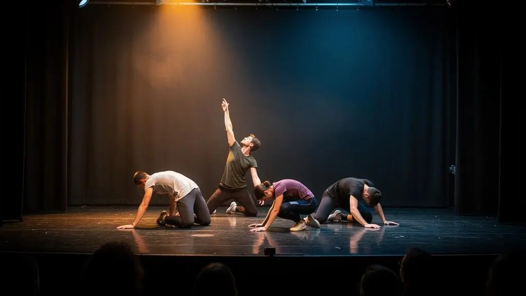 Cinq jeunes danseurs d'une formation professionnelle présentent une chorégraphie de groupe sur la scène d'un petit théâtre.